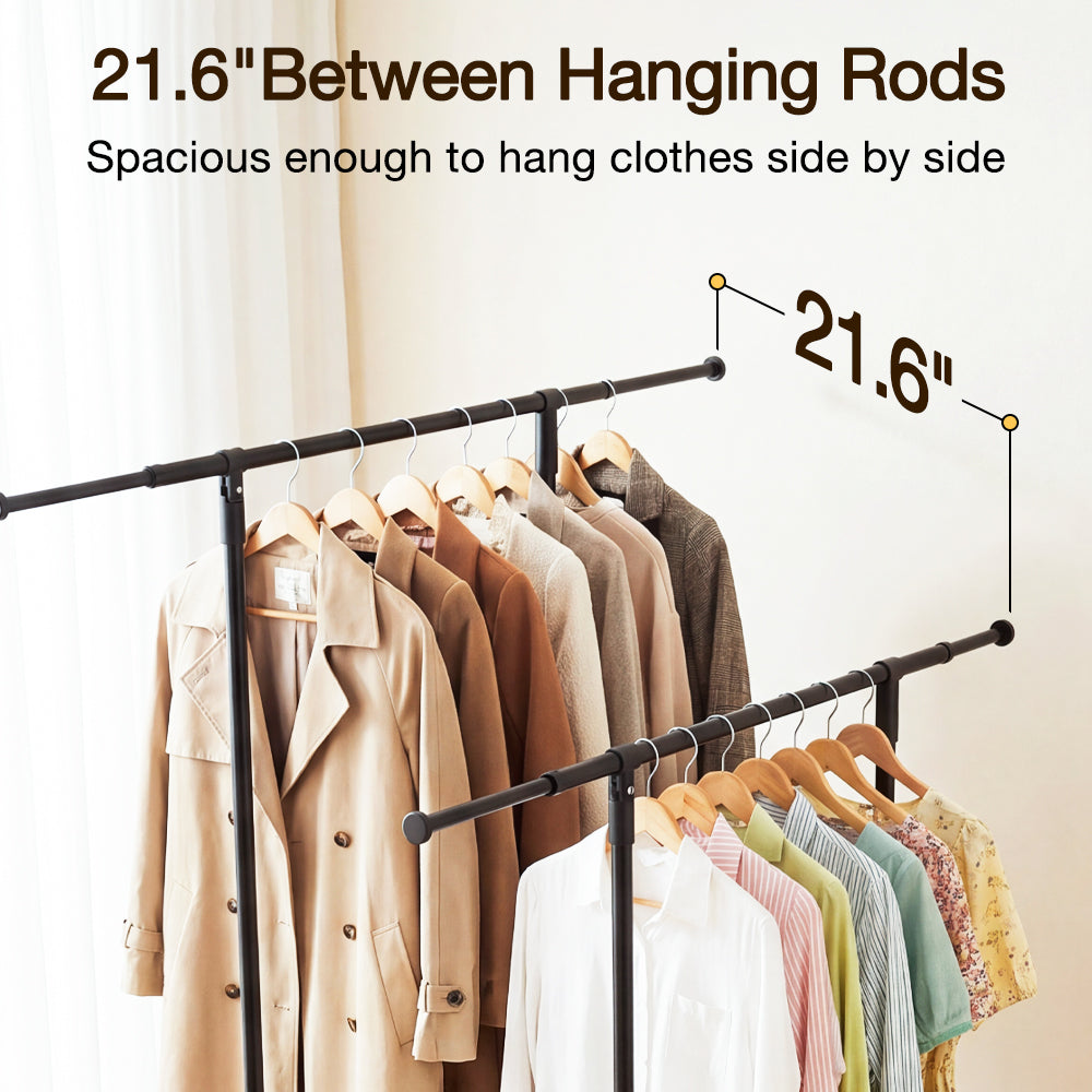 No-assembly Clothes Rack，Double Rod 59-Inch Rolling clothing rack | clothes racks for hanging clothes