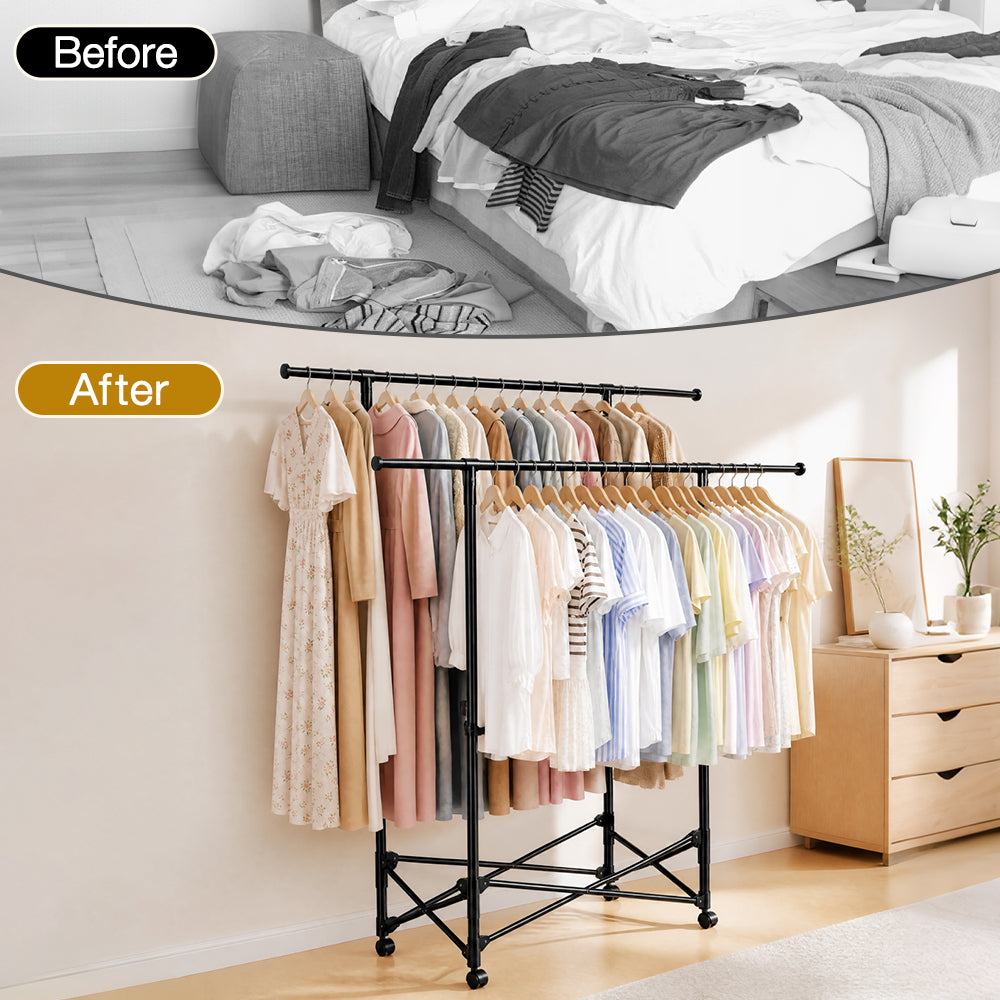 No-assembly Clothes Rack，Double Rod 59-Inch Rolling clothing rack | clothes racks for hanging clothes