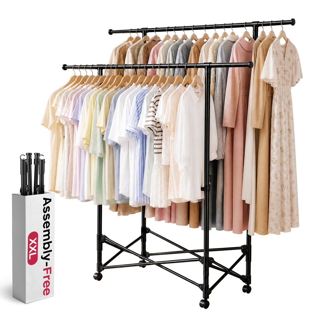 No-assembly Clothes Rack，Double Rod 59-Inch Rolling clothing rack | clothes racks for hanging clothes