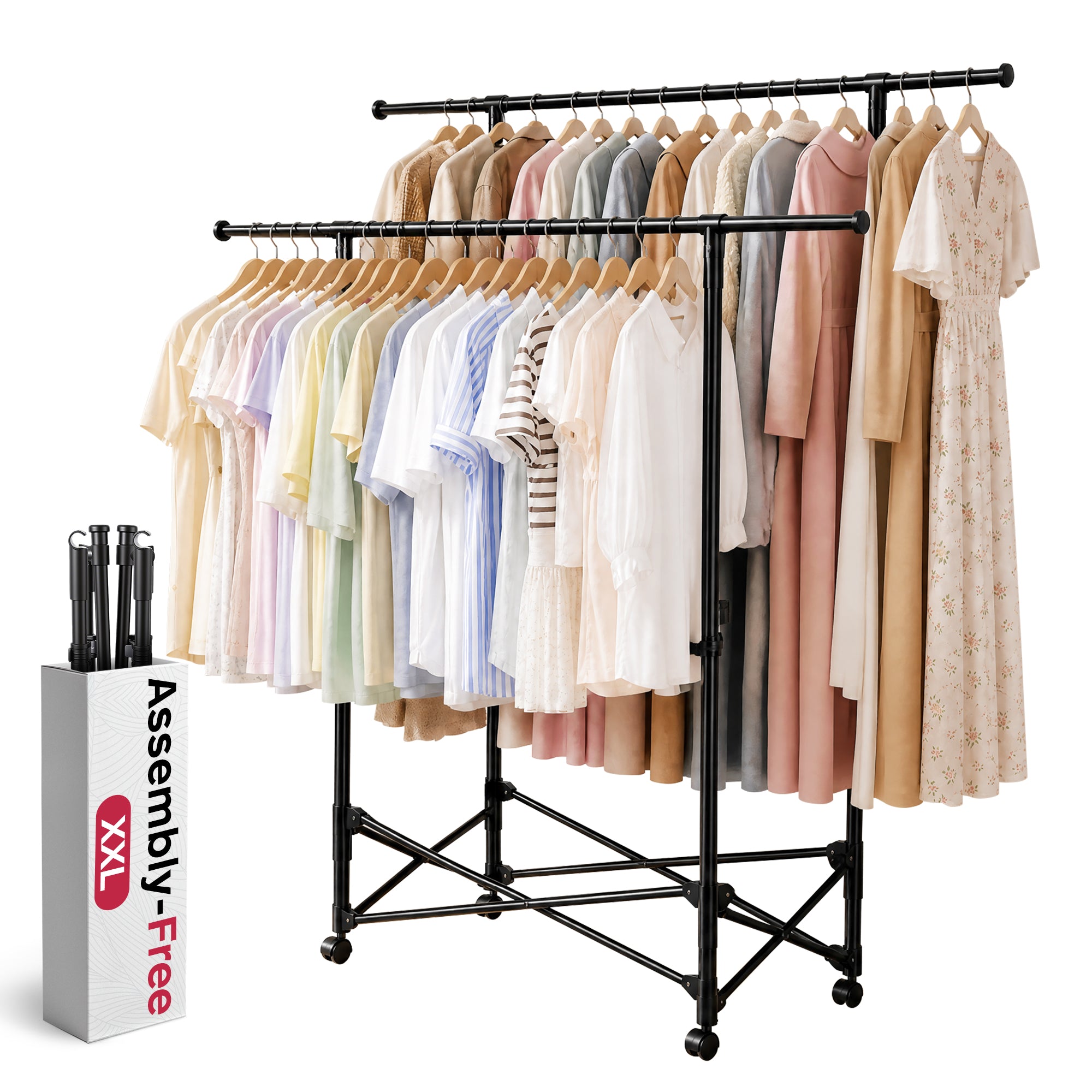 No-assembly Clothes Rack，Double Rod 59-Inch Rolling clothing rack | clothes racks for hanging clothes
