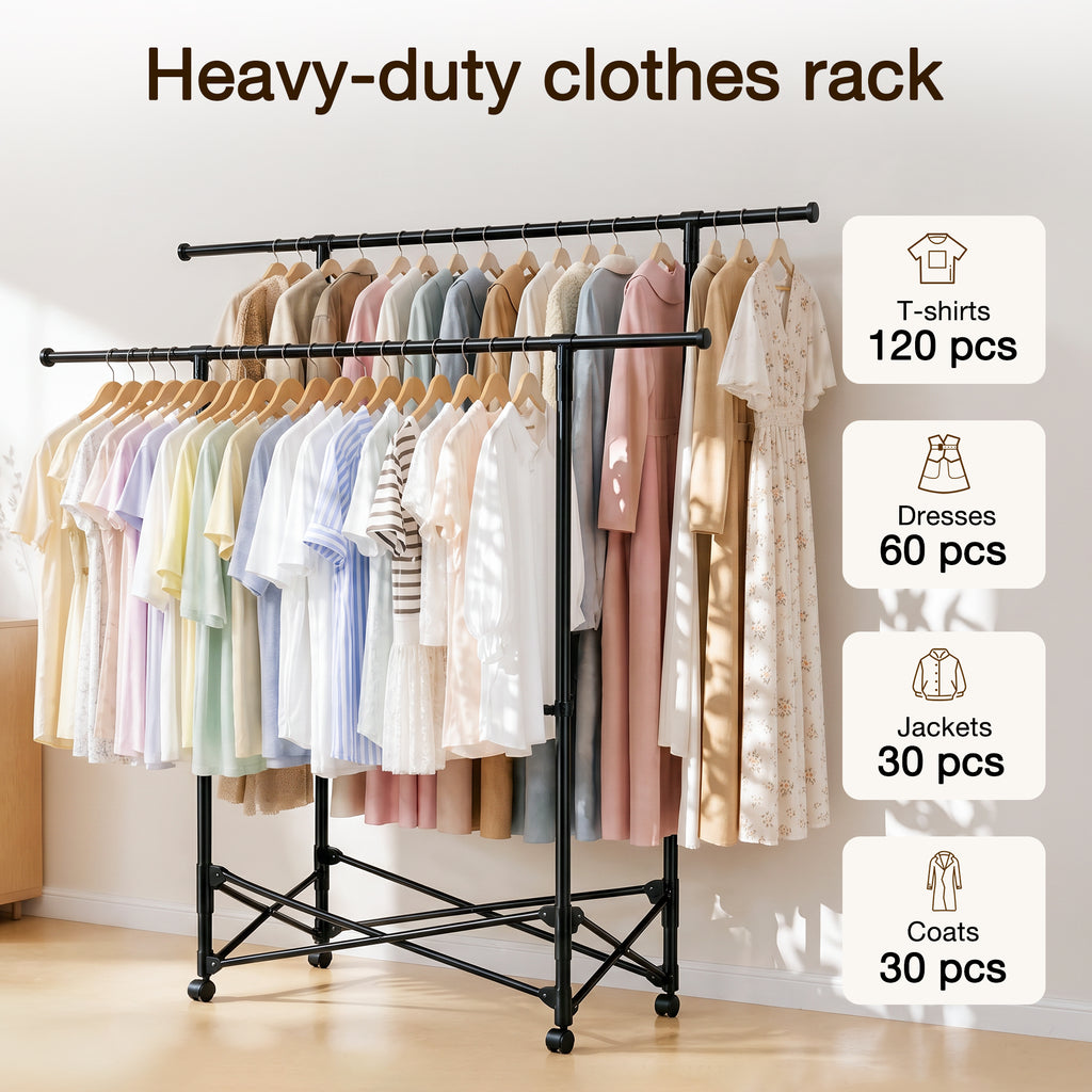 No-assembly Clothes Rack，Double Rod 59-Inch Rolling clothing rack | clothes racks for hanging clothes