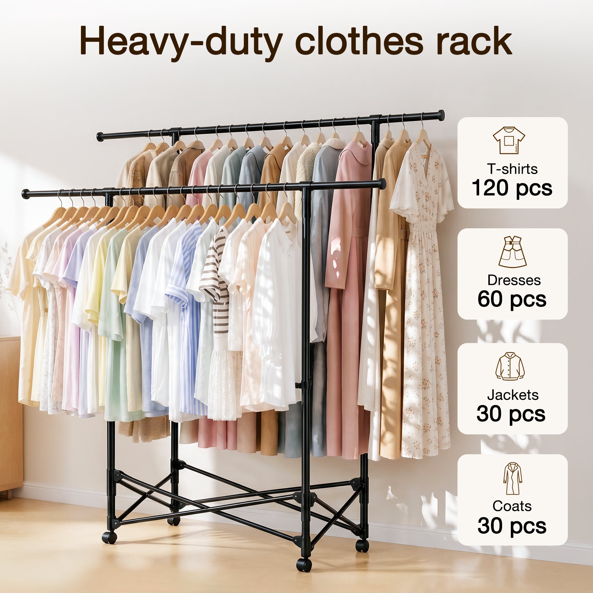 No-assembly Clothes Rack，Double Rod 59-Inch Rolling clothing rack | clothes racks for hanging clothes