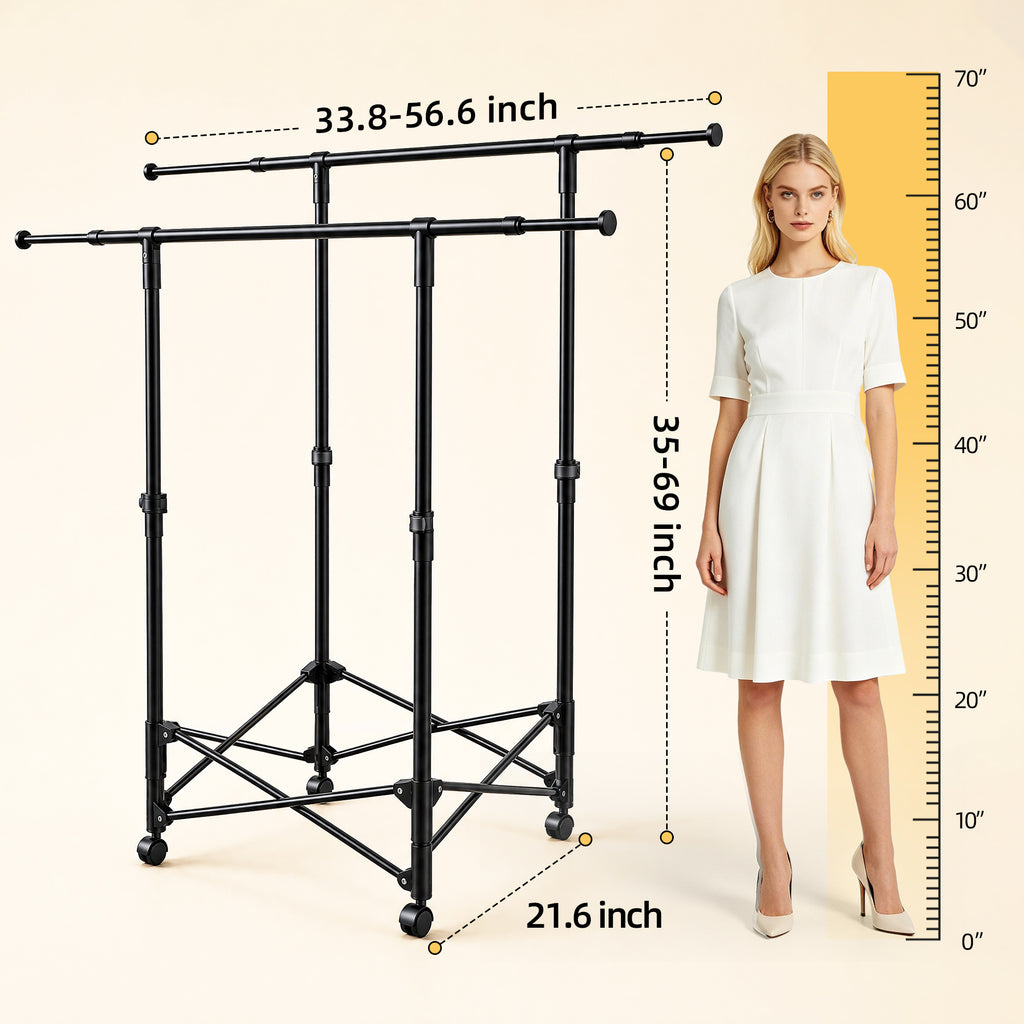 No-assembly Clothes Rack，Double Rod 59-Inch Rolling clothing rack | clothes racks for hanging clothes
