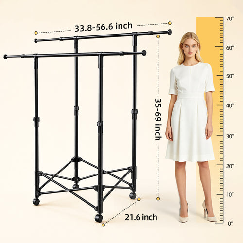 No-assembly Clothes Rack，Double Rod 59-Inch Rolling clothing rack | clothes racks for hanging clothes