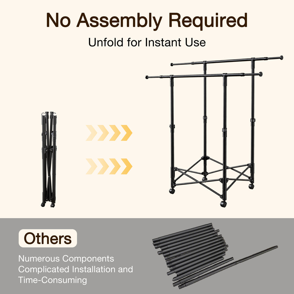 No-assembly Clothes Rack，Double Rod 59-Inch Rolling clothing rack | clothes racks for hanging clothes